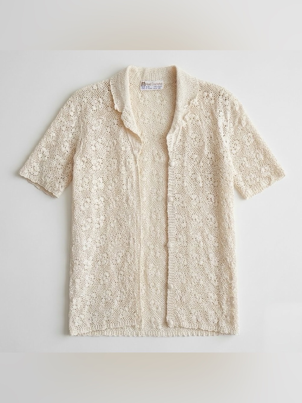 Crochet Floral Cardigan Short Sleeve Vintage 70's Lace Handmade Guipure Top Sz S